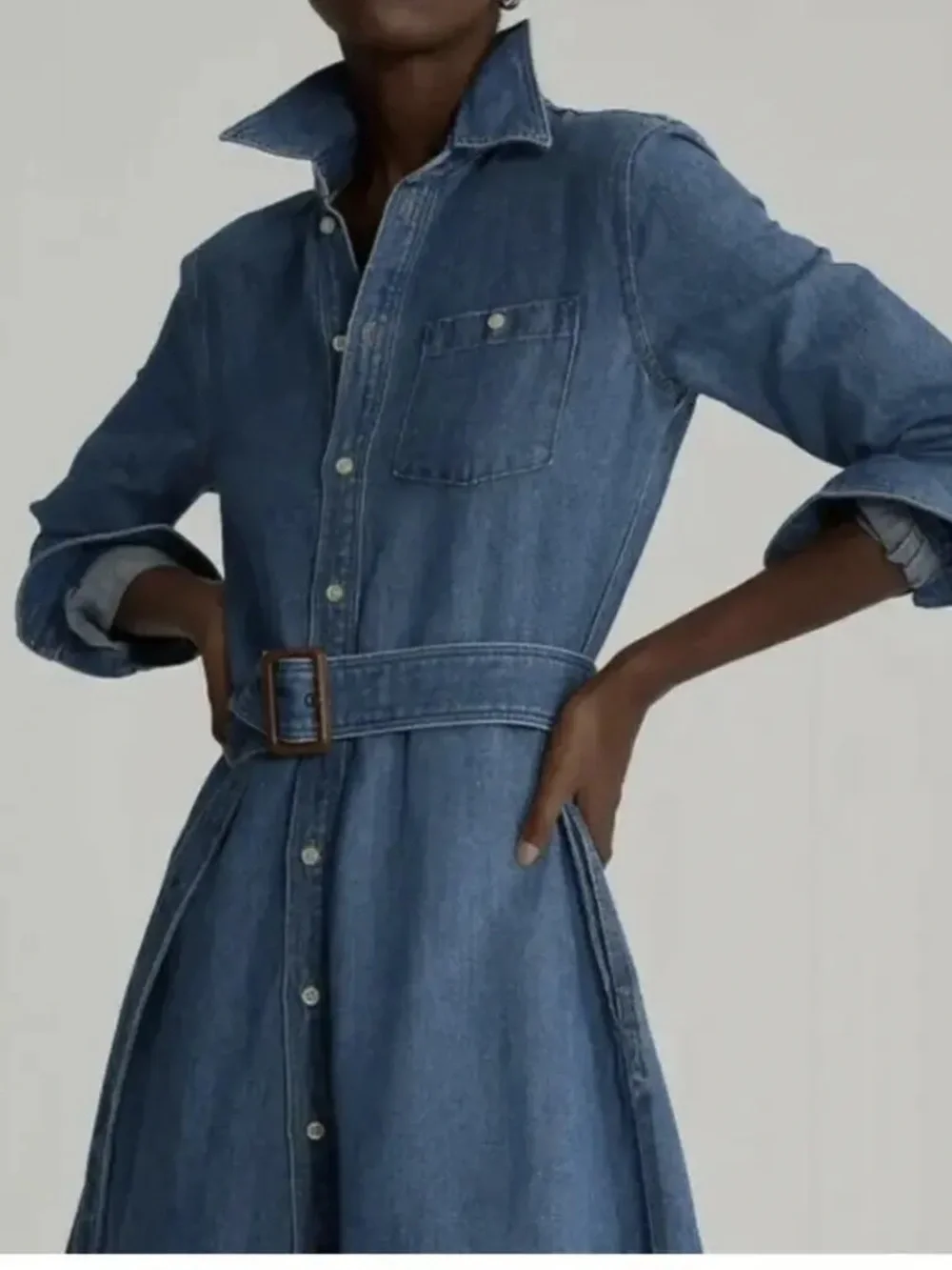 Polo by Ralph Lauren Blue Denim Midi Shirt Dress with Belt - Picture 2 of 9